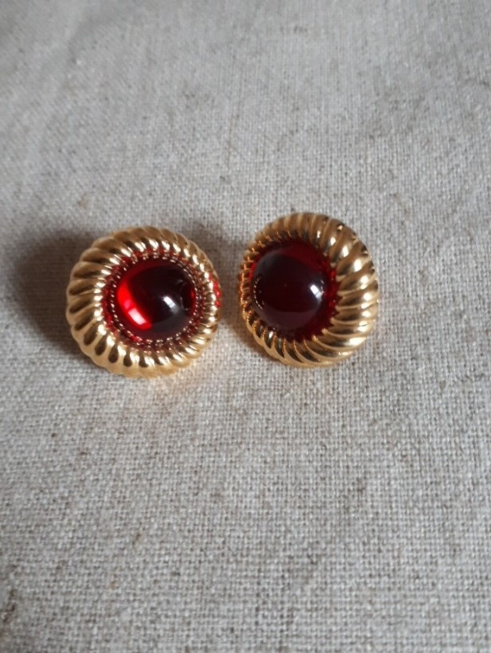 Vintage Red Glass Cabochon Gold Tone Earrings